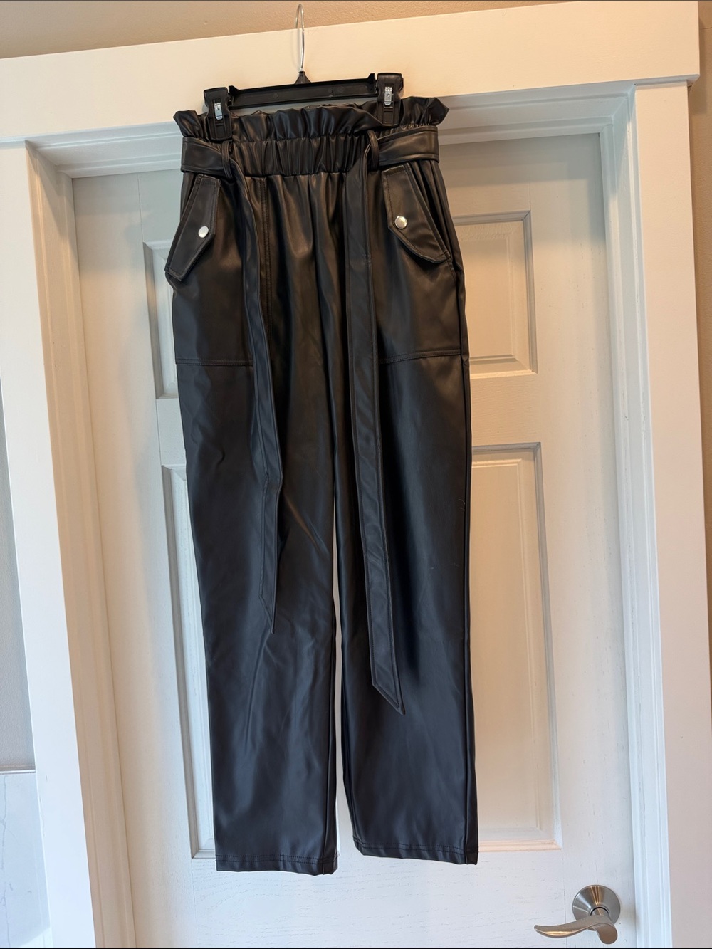 SHEIN Black Faux Leather Paperbag Waist Straight Leg Pants with Belt